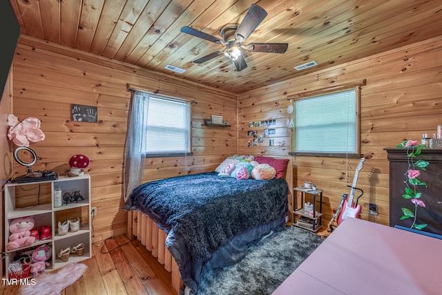 bedroom featuring wood-type flooring, wood ceiling, wood walls, and ceiling fan