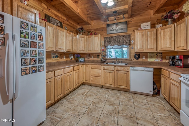 kitchen featuring wood ceiling, sink, beam ceiling, wooden walls, and white appliances