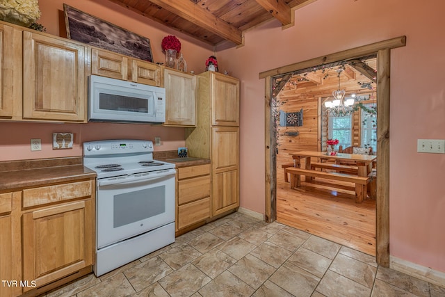 kitchen with pendant lighting, beamed ceiling, wood ceiling, white appliances, and an inviting chandelier