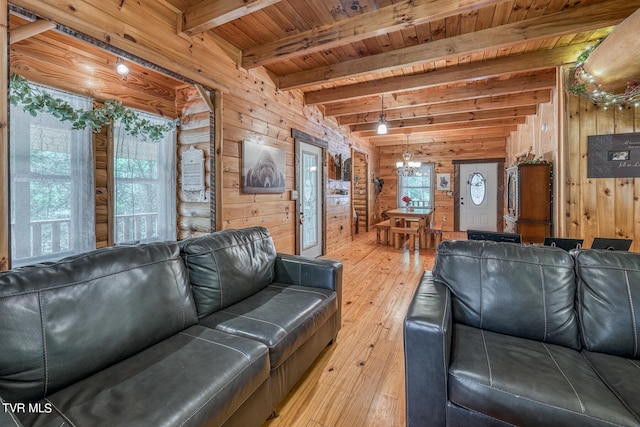 living room featuring wood walls, wooden ceiling, beam ceiling, an inviting chandelier, and hardwood / wood-style floors