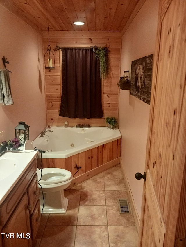 bathroom featuring vanity, wooden ceiling, a bath, toilet, and tile patterned floors