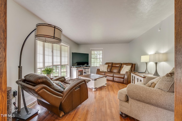 living room with vaulted ceiling, a textured ceiling, and light hardwood / wood-style floors