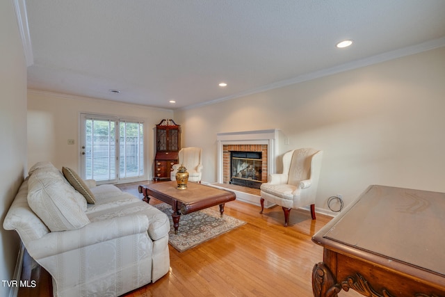 living room with a fireplace, light hardwood / wood-style flooring, and crown molding