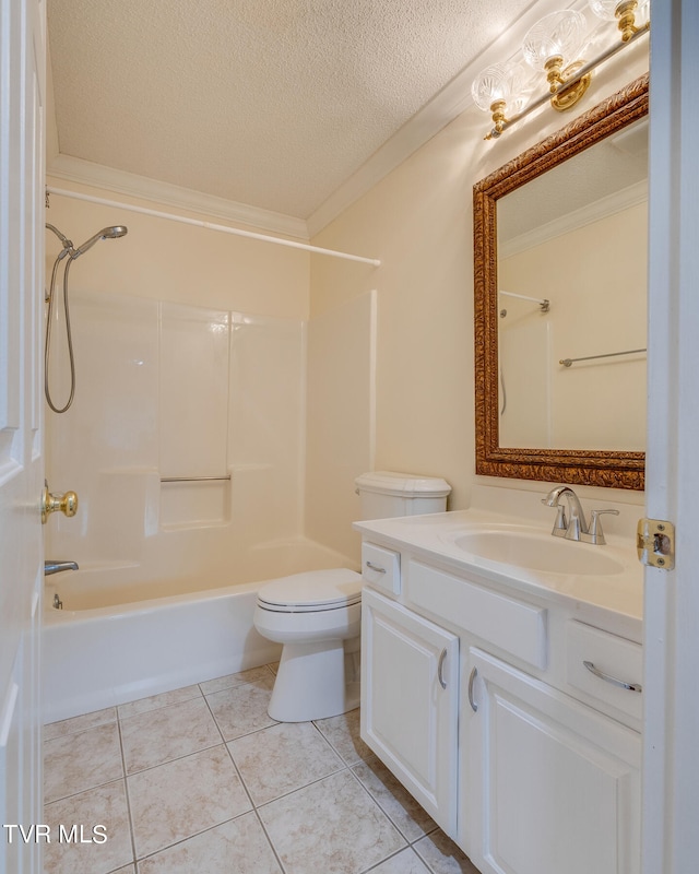 full bathroom with shower / bath combination, toilet, tile patterned flooring, vanity, and a textured ceiling