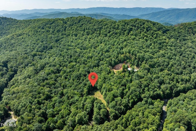 drone / aerial view featuring a wooded view and a mountain view