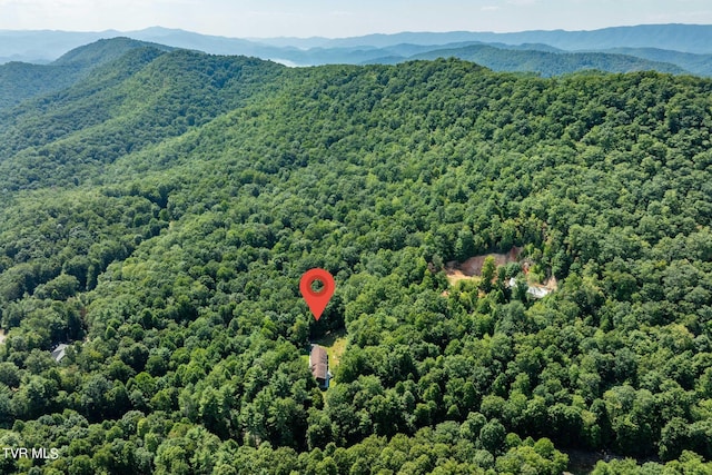 bird's eye view featuring a mountain view and a wooded view