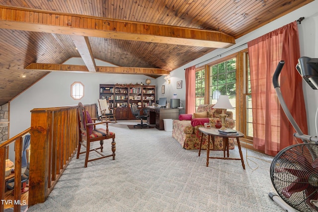 living area featuring lofted ceiling with beams, carpet, wood ceiling, and a healthy amount of sunlight