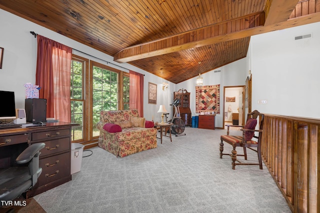 office area featuring carpet floors, wood ceiling, visible vents, and vaulted ceiling with beams