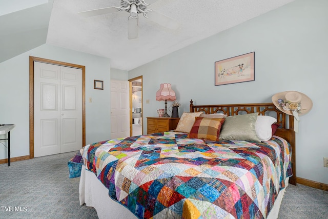 carpeted bedroom featuring a textured ceiling, ceiling fan, a closet, and baseboards