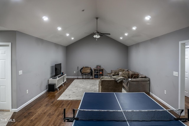 rec room with recessed lighting, dark wood-style flooring, a ceiling fan, baseboards, and vaulted ceiling