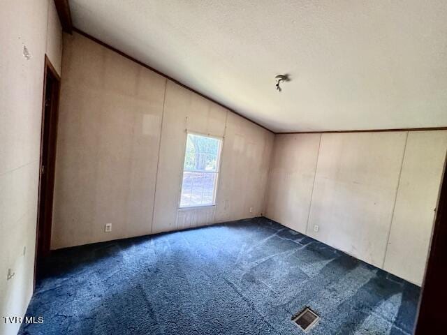 additional living space with dark colored carpet, vaulted ceiling, and a textured ceiling