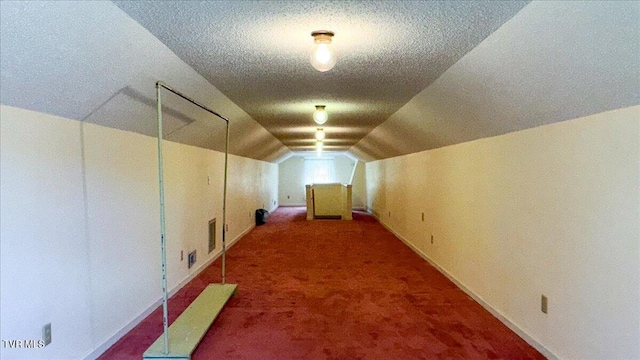 additional living space with vaulted ceiling, a textured ceiling, and carpet flooring