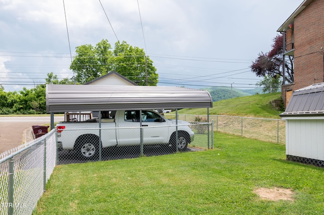 view of parking featuring a lawn and a carport