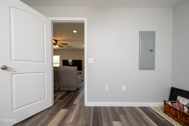 interior space featuring electric panel, dark wood-type flooring, and ceiling fan