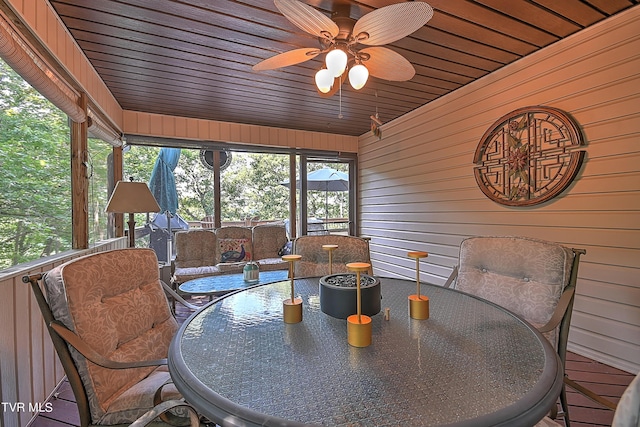 sunroom / solarium with wooden ceiling and a ceiling fan