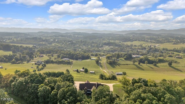 birds eye view of property featuring a mountain view and a rural view