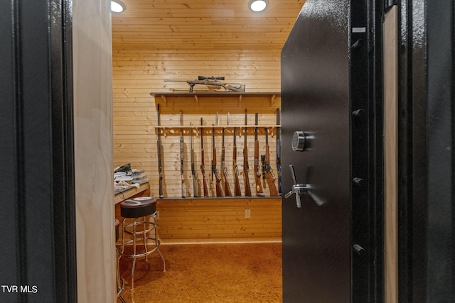 wine room featuring wooden walls and wood ceiling