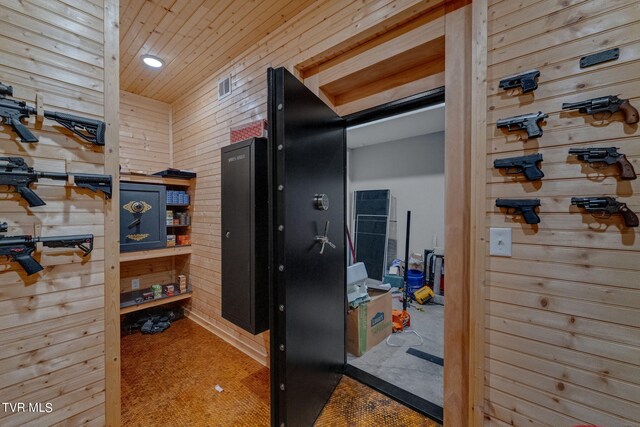 wine cellar featuring wooden walls, a workshop area, and carpet floors