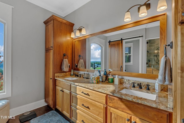 bathroom with a shower with door, vanity, and ornamental molding