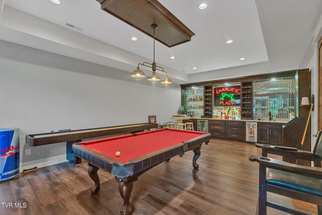 recreation room featuring billiards, bar, wine cooler, and wood-type flooring