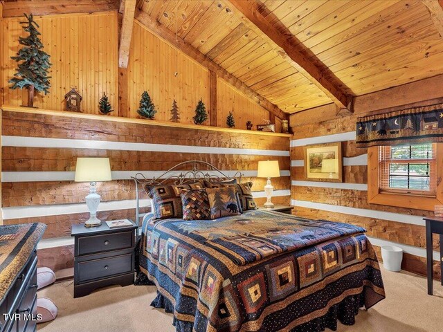 carpeted bedroom featuring wooden walls, wooden ceiling, and lofted ceiling with beams