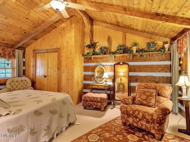 carpeted bedroom featuring wooden ceiling, lofted ceiling with beams, ceiling fan, and wooden walls