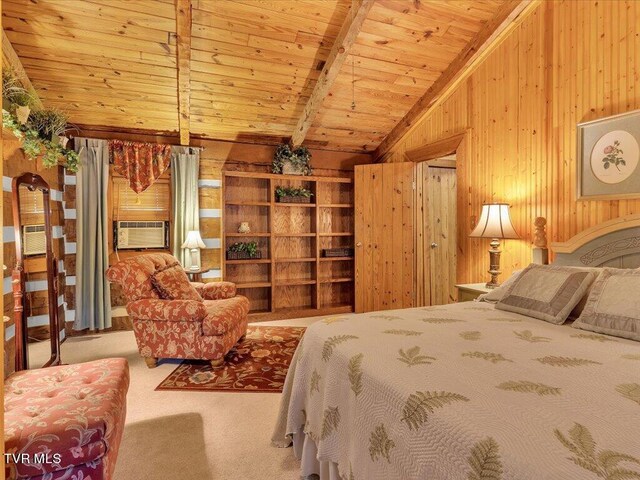 carpeted bedroom featuring wooden ceiling, lofted ceiling with beams, wood walls, and cooling unit