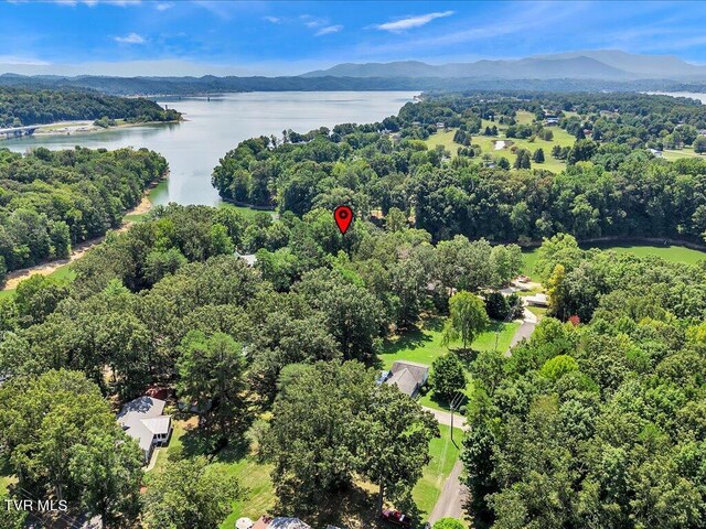 birds eye view of property with a water and mountain view