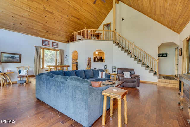 living room featuring wooden ceiling, high vaulted ceiling, and dark wood-type flooring