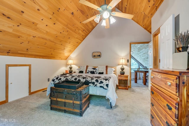 bedroom with carpet floors, high vaulted ceiling, ceiling fan, and wood ceiling