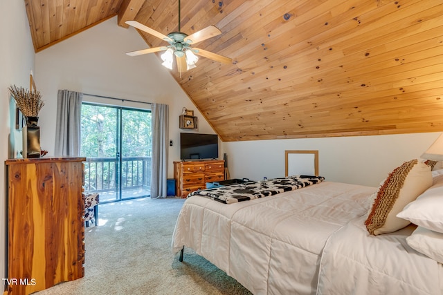 carpeted bedroom featuring lofted ceiling with beams, access to outside, ceiling fan, and wood ceiling