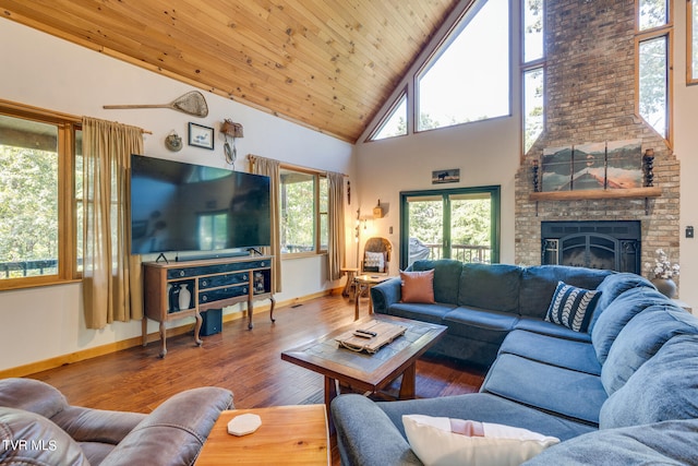 living room featuring hardwood / wood-style flooring, high vaulted ceiling, and a wealth of natural light