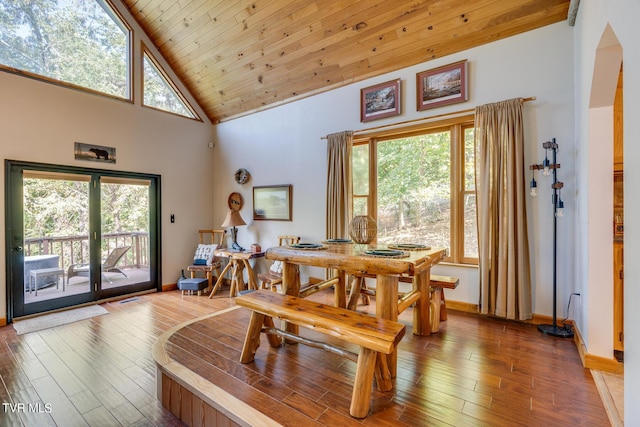 dining space with high vaulted ceiling, wood ceiling, baseboards, and wood finished floors