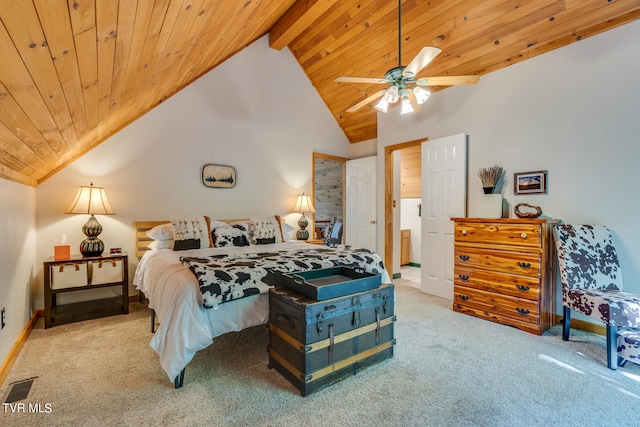 bedroom with ceiling fan, beamed ceiling, high vaulted ceiling, carpet floors, and wood ceiling