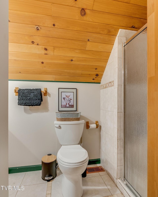 full bathroom with tile patterned flooring, toilet, wood ceiling, baseboards, and a shower stall