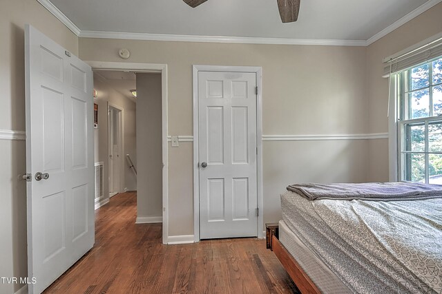 bedroom featuring ceiling fan, dark hardwood / wood-style floors, and ornamental molding