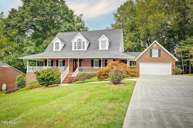 cape cod home with a front lawn, a garage, and covered porch