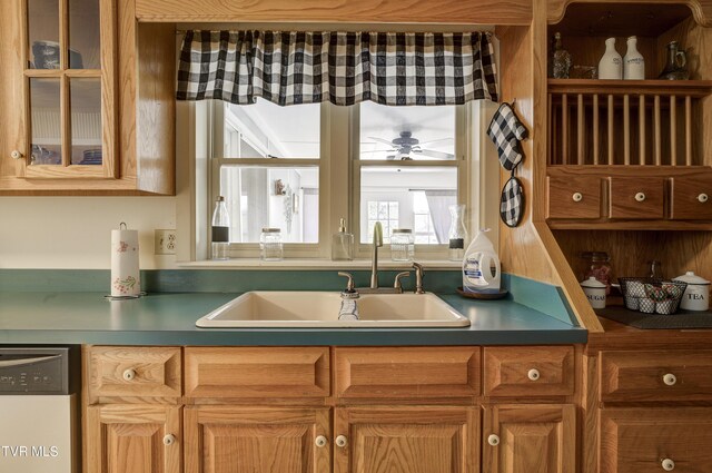 kitchen featuring ceiling fan, sink, and stainless steel dishwasher