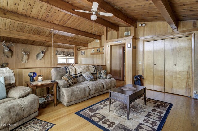 living room with wood ceiling, wood-type flooring, ceiling fan, and wooden walls