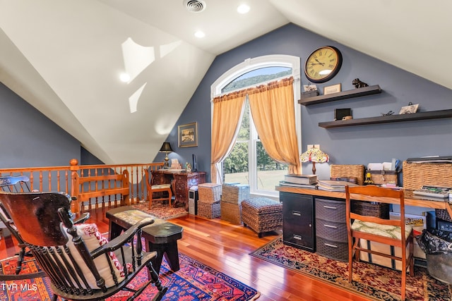 office featuring wood-type flooring and vaulted ceiling