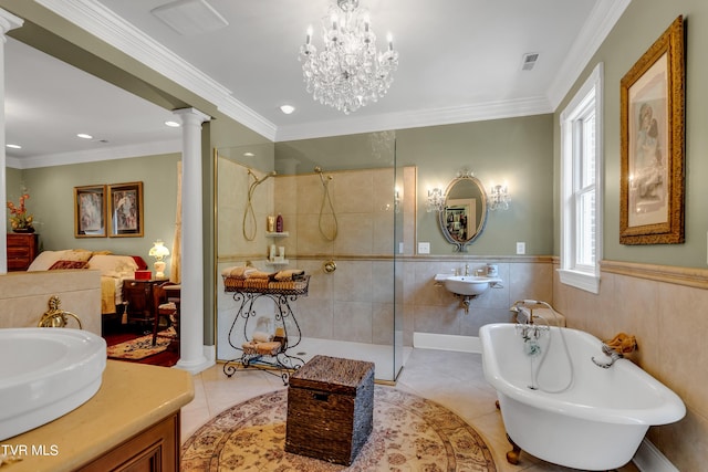 bathroom with separate shower and tub, decorative columns, tile patterned flooring, crown molding, and sink