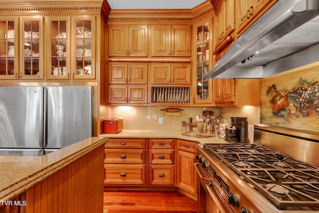 kitchen featuring dark wood-type flooring, backsplash, stainless steel appliances, and light stone countertops