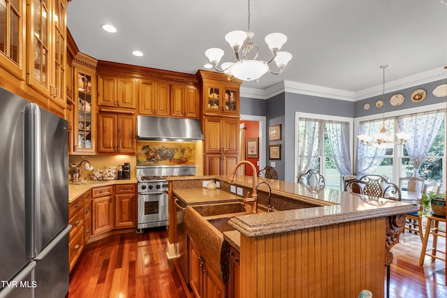 kitchen with appliances with stainless steel finishes, a wealth of natural light, and a notable chandelier