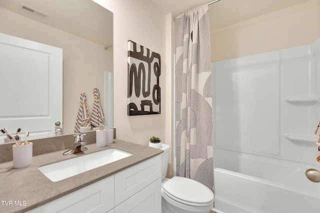 full bath with toilet, vanity, visible vents, and shower / bathtub combination with curtain