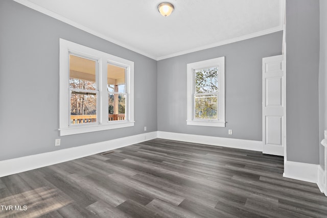 spare room with ornamental molding and dark hardwood / wood-style flooring