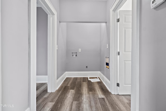 washroom featuring hookup for a washing machine, electric dryer hookup, and hardwood / wood-style flooring