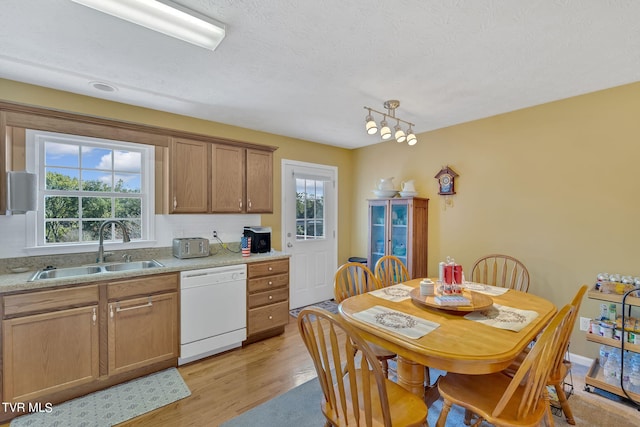 kitchen with plenty of natural light, dishwasher, sink, and light hardwood / wood-style floors