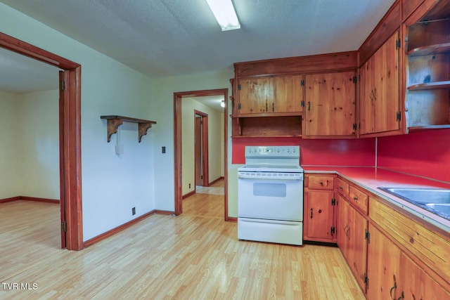 kitchen featuring light wood-style floors, open shelves, brown cabinetry, and white range with electric stovetop
