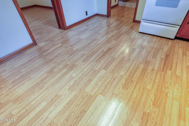 details featuring baseboards, light wood finished floors, and range