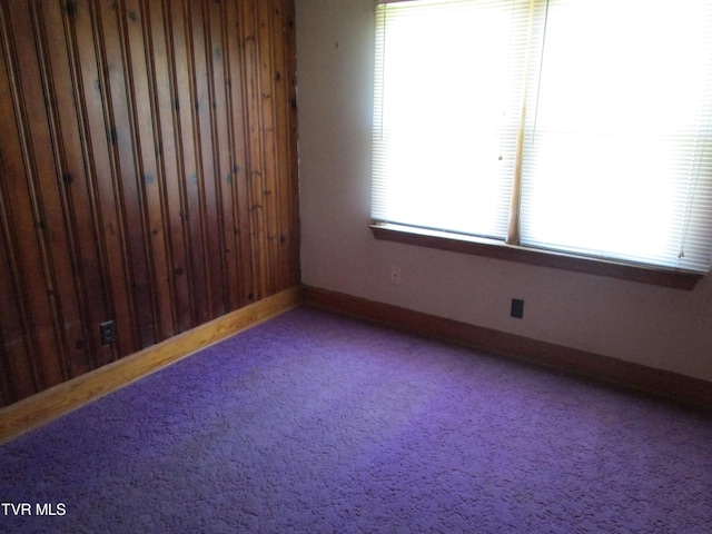 unfurnished room with carpet, a wealth of natural light, and wooden walls